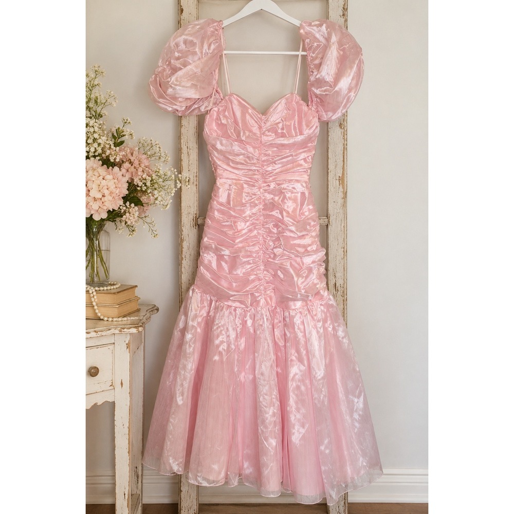 Vintage 80s Pink Prom Dress Puff Sleeve Ruched Bow Back Formal Party XS